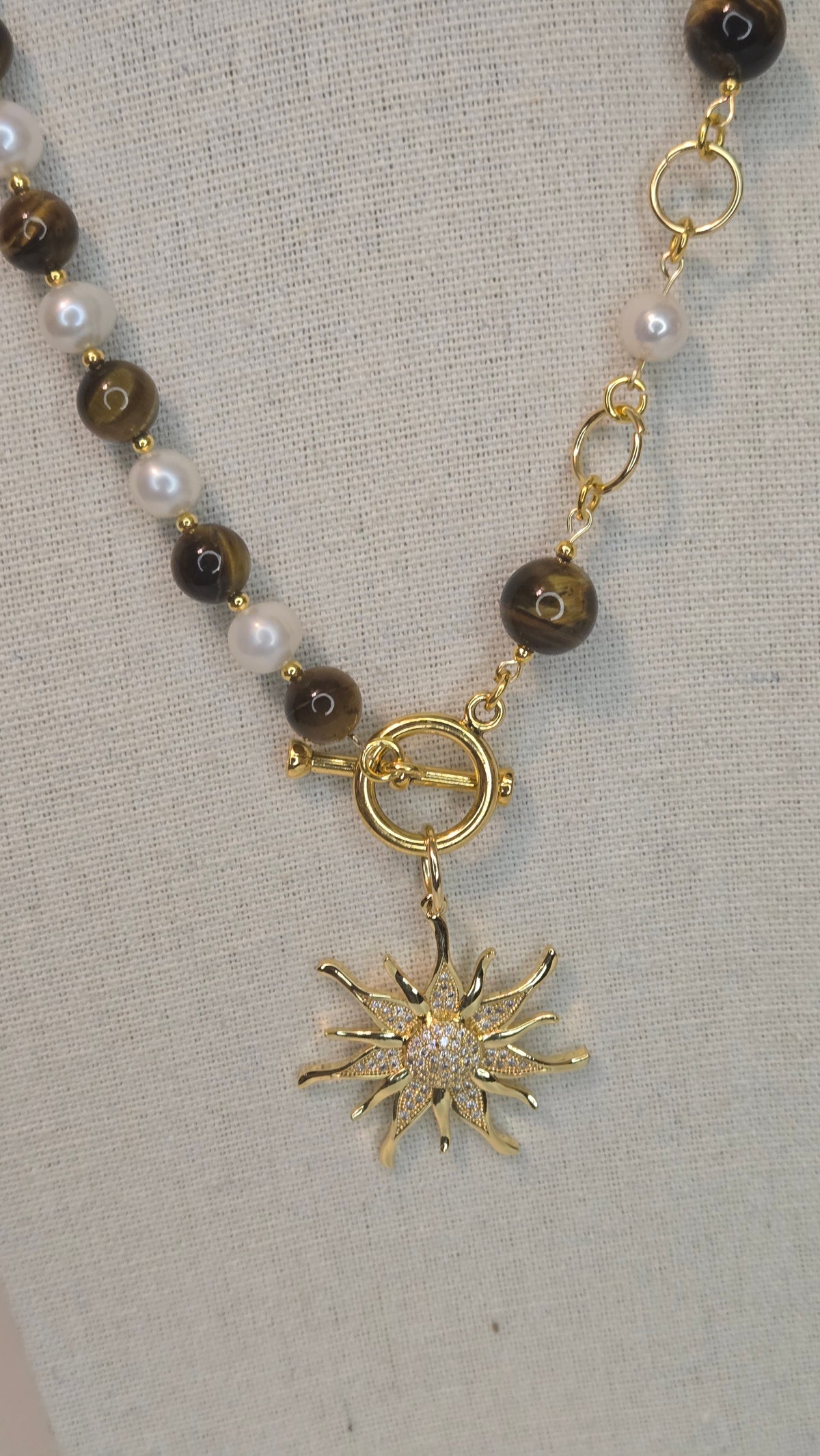 Tiger Eye Sun Necklace with tiger eye stones, pearls and gold-tone sun charm, view 2