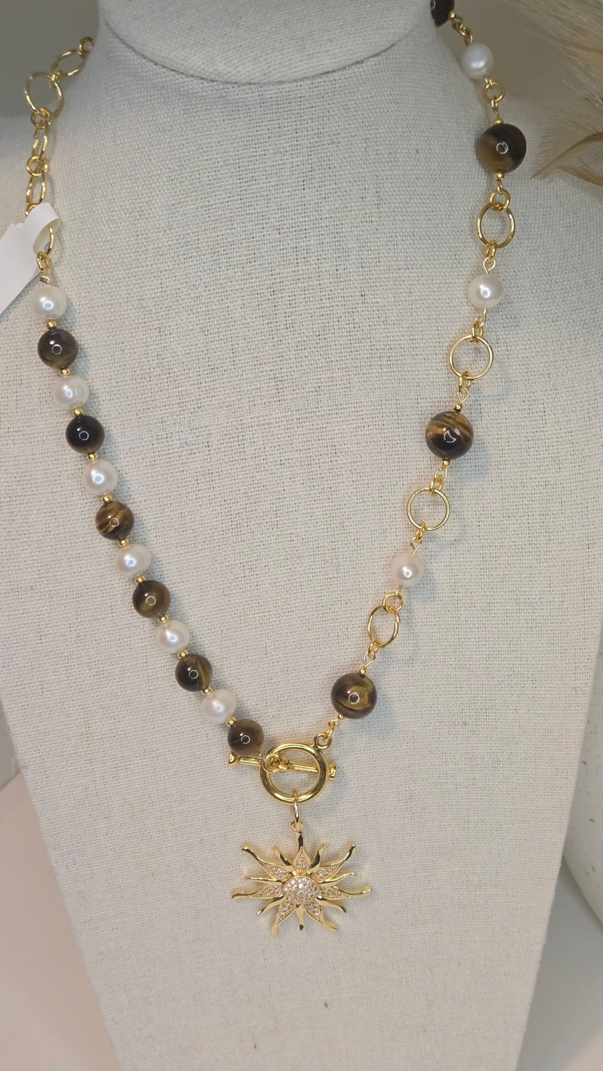 Tiger Eye Sun Necklace with tiger eye stones, pearls and gold-tone sun charm, view 4