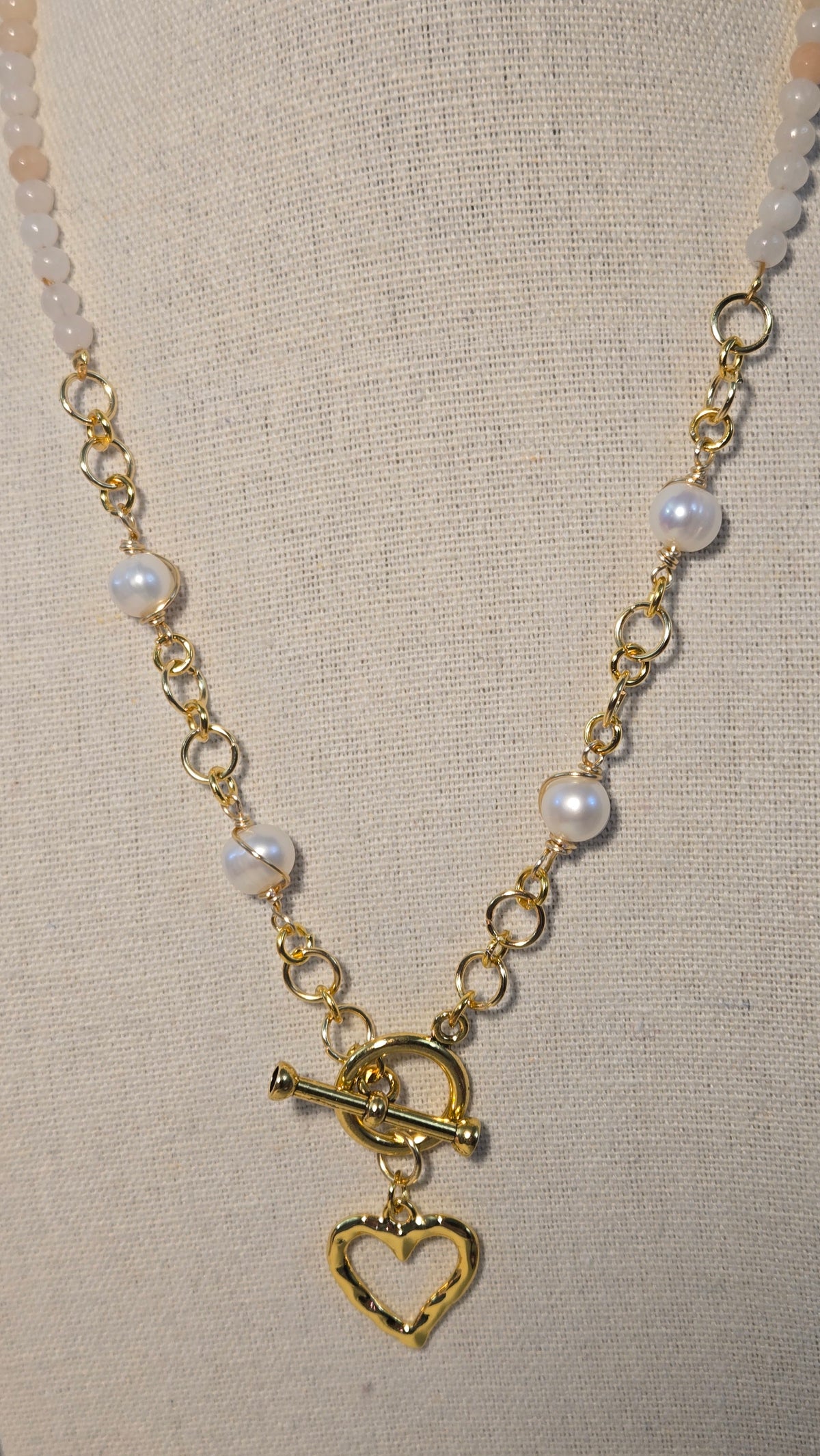 Pearl & Opal Heart Pendant Necklace with white and gray beads and gold-tone chain, view 3