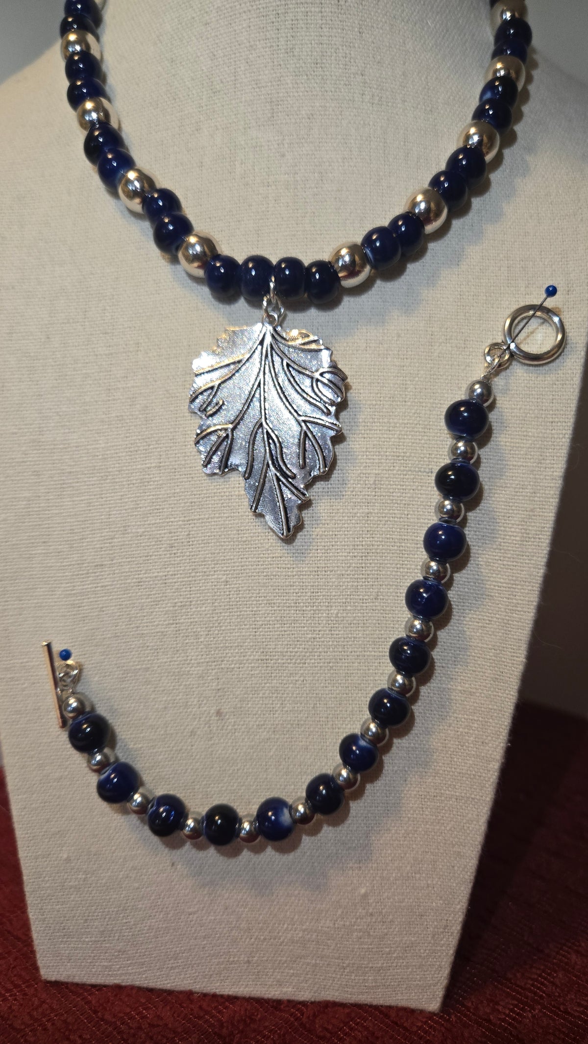 Midnight Leaf Necklace & Bracelet Set with deep blue beads and silver-tone leaves, view 4