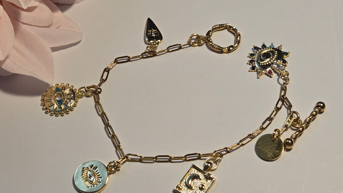 Gold Charm Bracelet with eye and moon charms, view 6