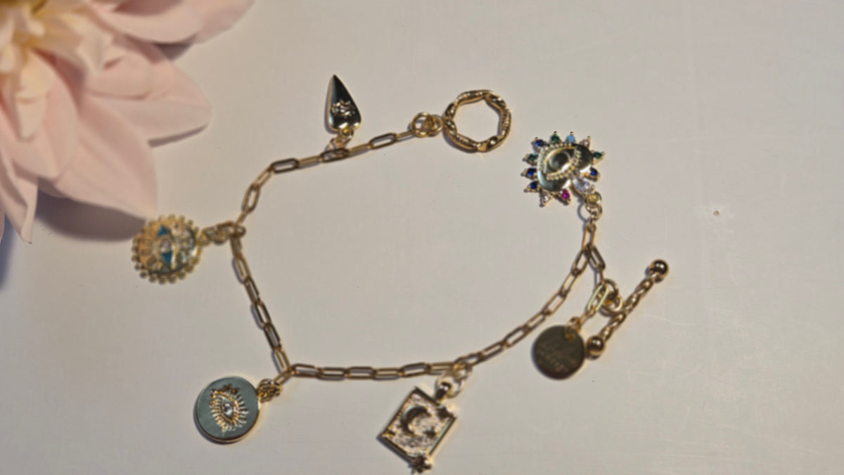 Gold Charm Bracelet with eye and moon charms, view 4