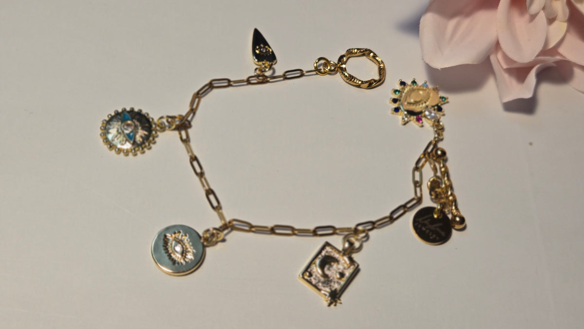 Gold Charm Bracelet with eye and moon charms, view 3