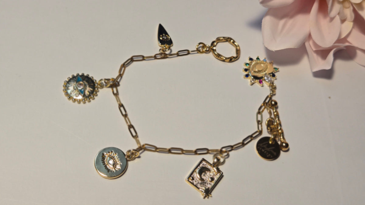 Gold Charm Bracelet with eye and moon charms, view 2