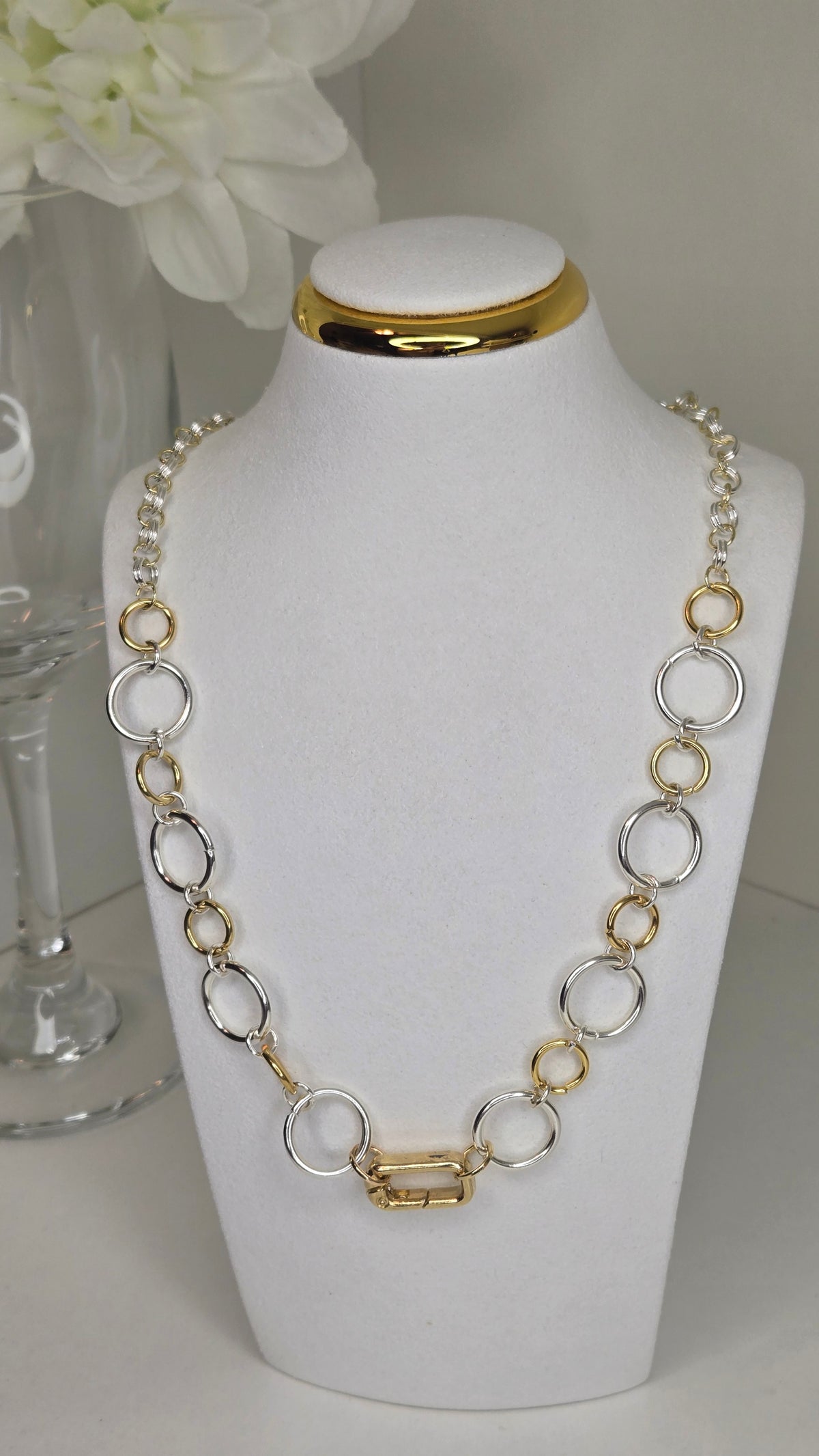 Golden Silver Chain Necklace with silver-tone links and gold-tone toggle closure, view 9