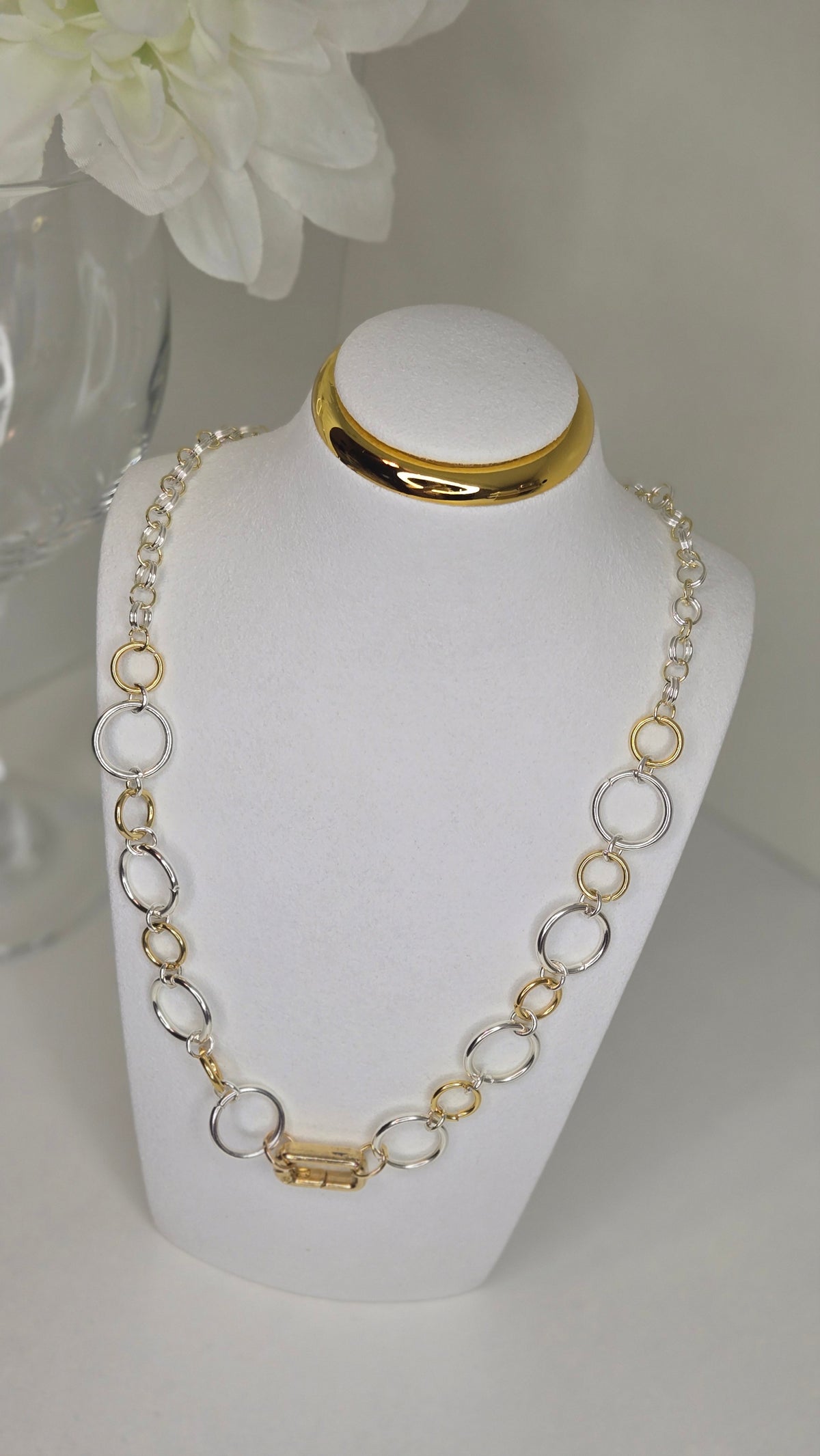 Golden Silver Chain Necklace with silver-tone links and gold-tone toggle closure, view 5