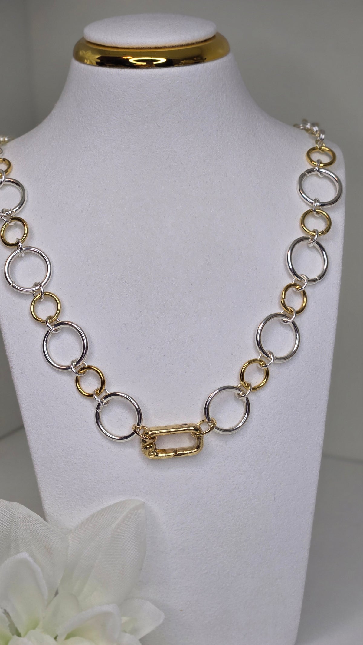 Golden Silver Chain Necklace with silver-tone links and gold-tone toggle closure, view 3