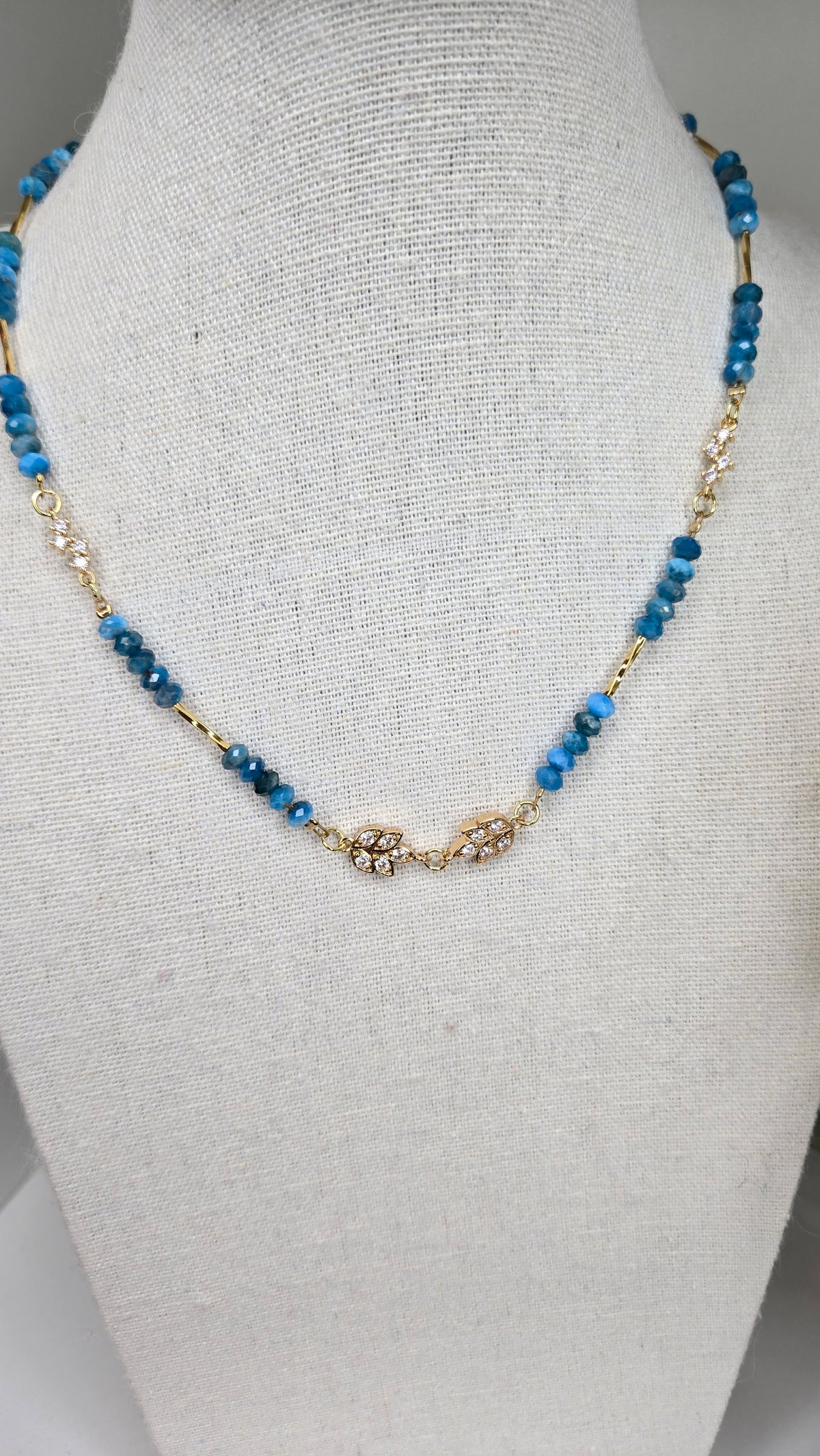 Ocean Apatite Necklace with blue apatite stones, gold-tone details and cubic zirconia, view 4