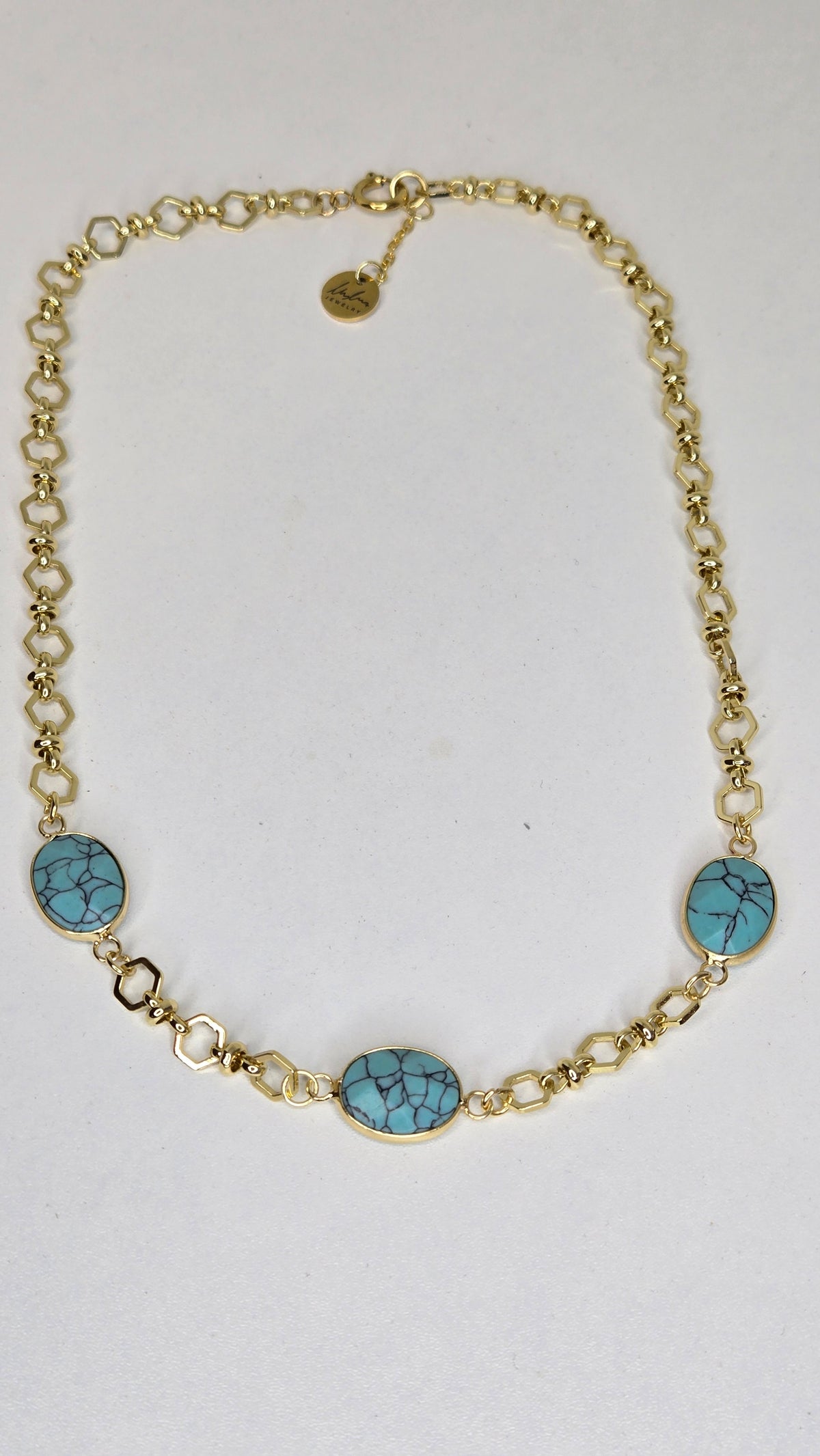 Turquoise Horizon Necklace with turquoise-style stones on gold-plated steel, view 2