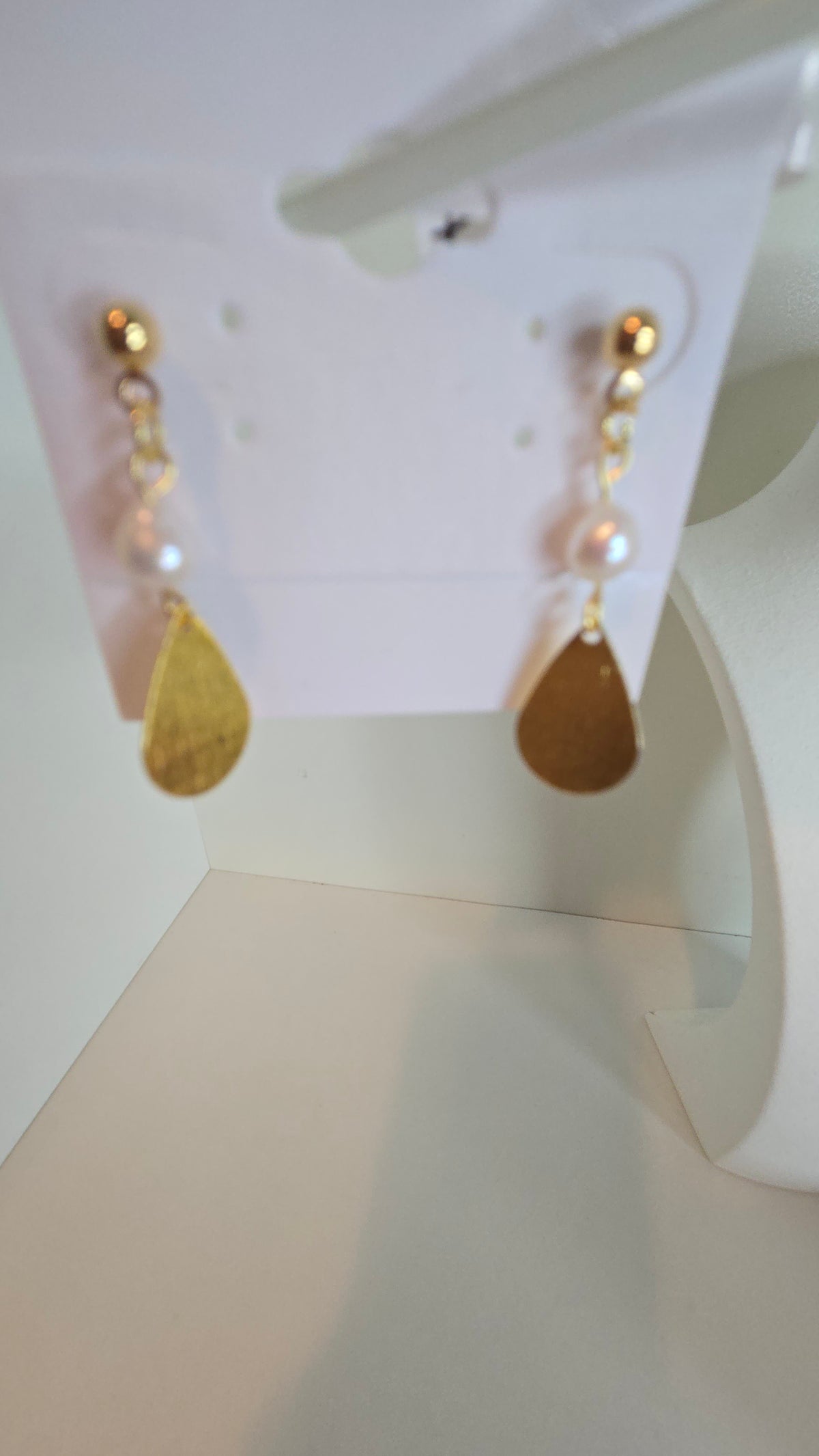 Golden Rain Earrings with brushed gold-tone teardrops and pearls, view 5