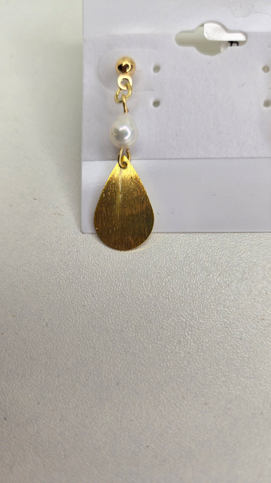 Golden Rain Earrings with brushed gold-tone teardrops and pearls, view 2
