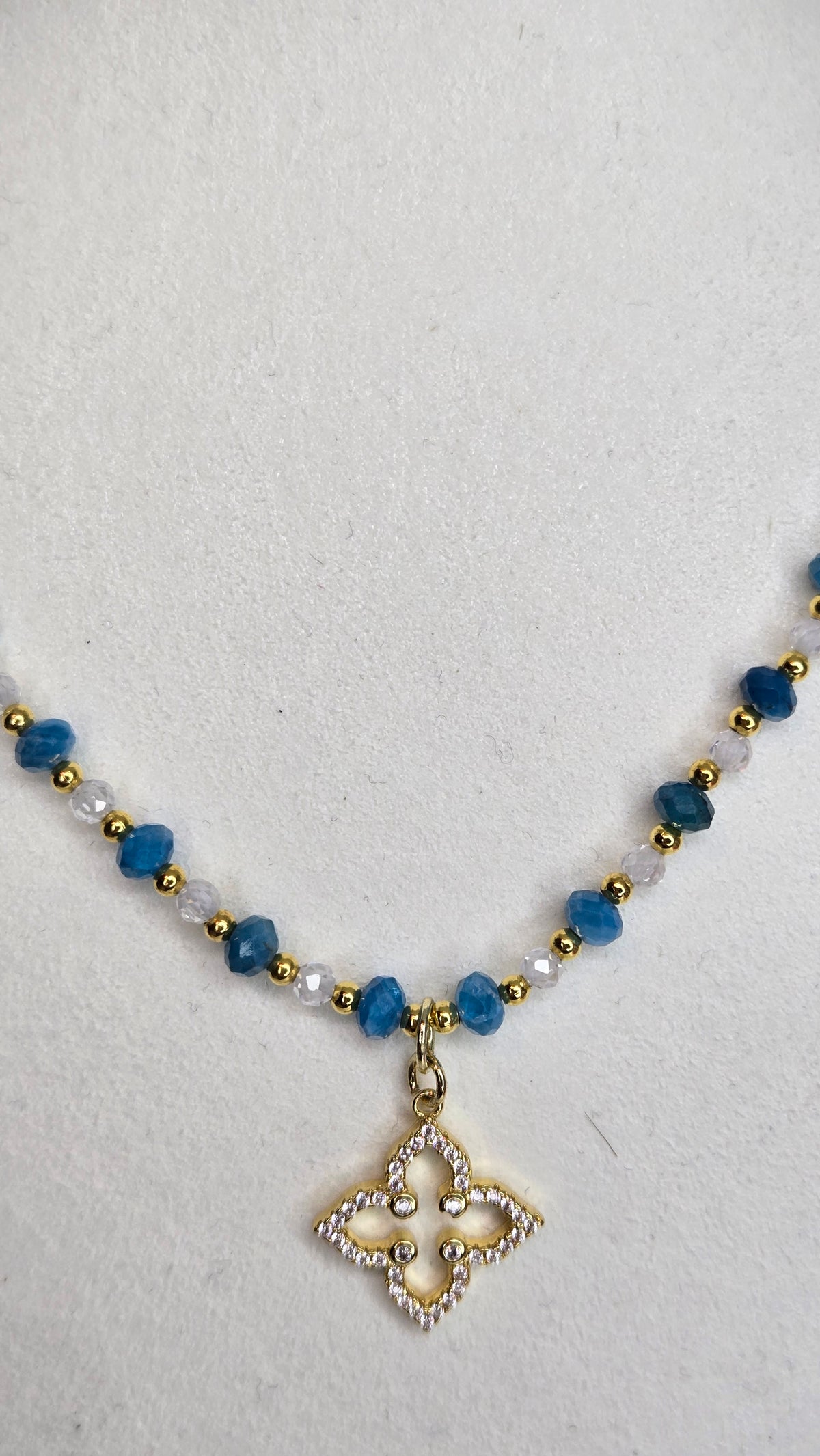 Azure Bloom Necklace with blue apatite stones, zircon accents and a zircon-studded pendant, view 4