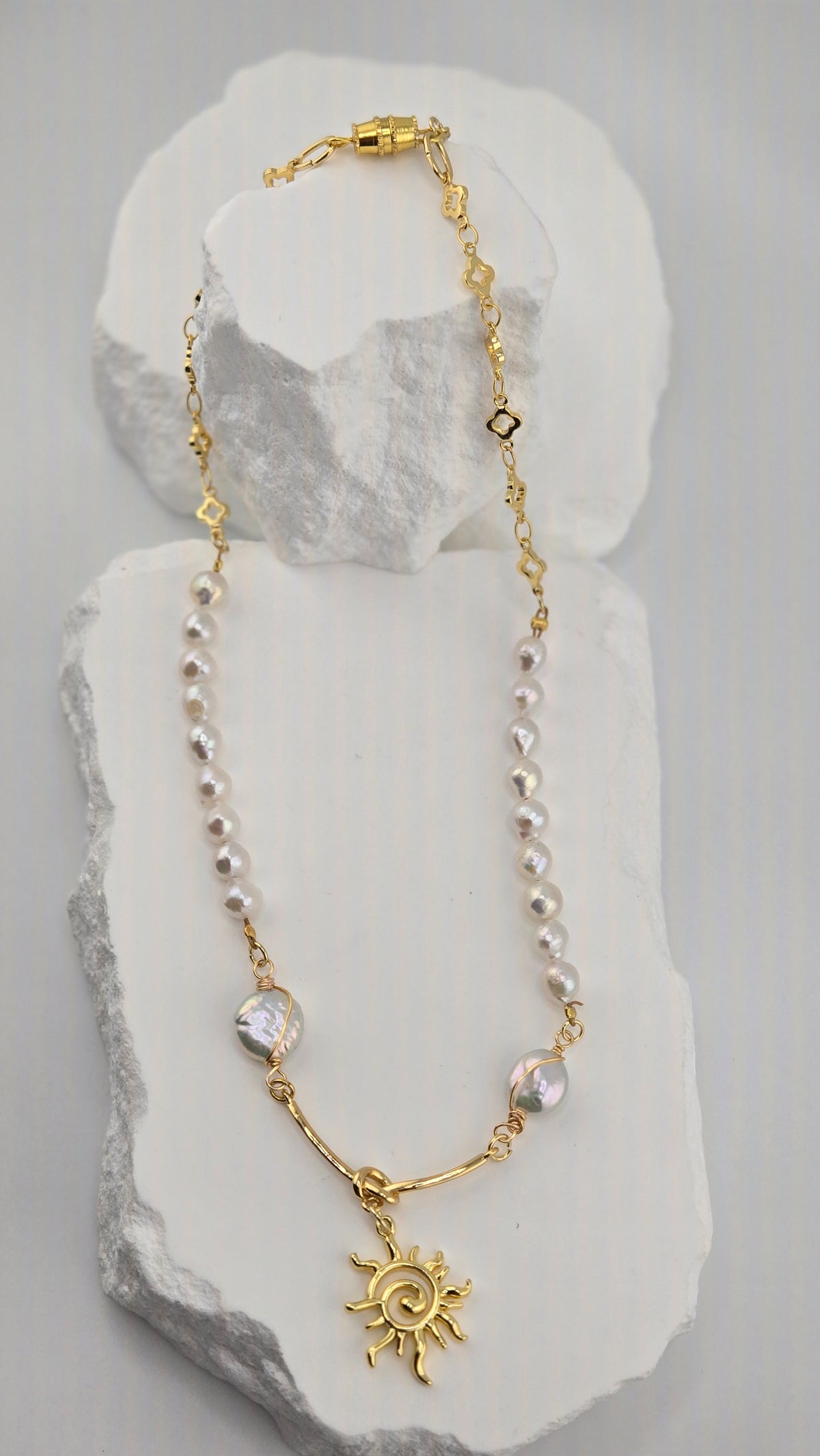 Pearl Radiance Necklace with irregular pearl beads, gold-tone chain and sun pendant, view 4