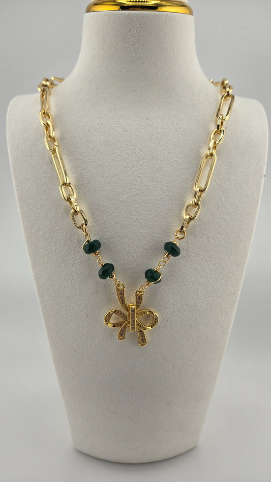 Oriana Bow Necklace, gold-plated with green stones and a crystal-studded bow pendant, view 2