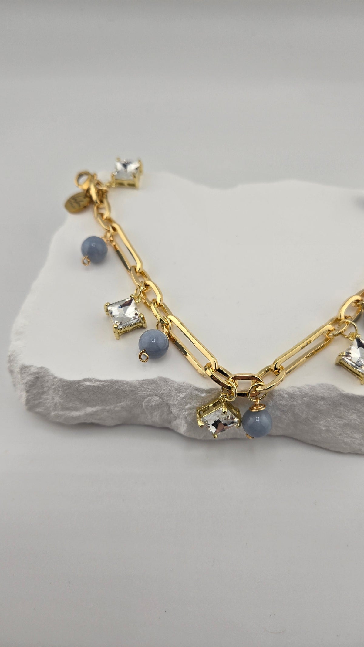 Heaven Blue Bracelet with sky-blue angelite beads, zircon accents and gold-plated details, view 3