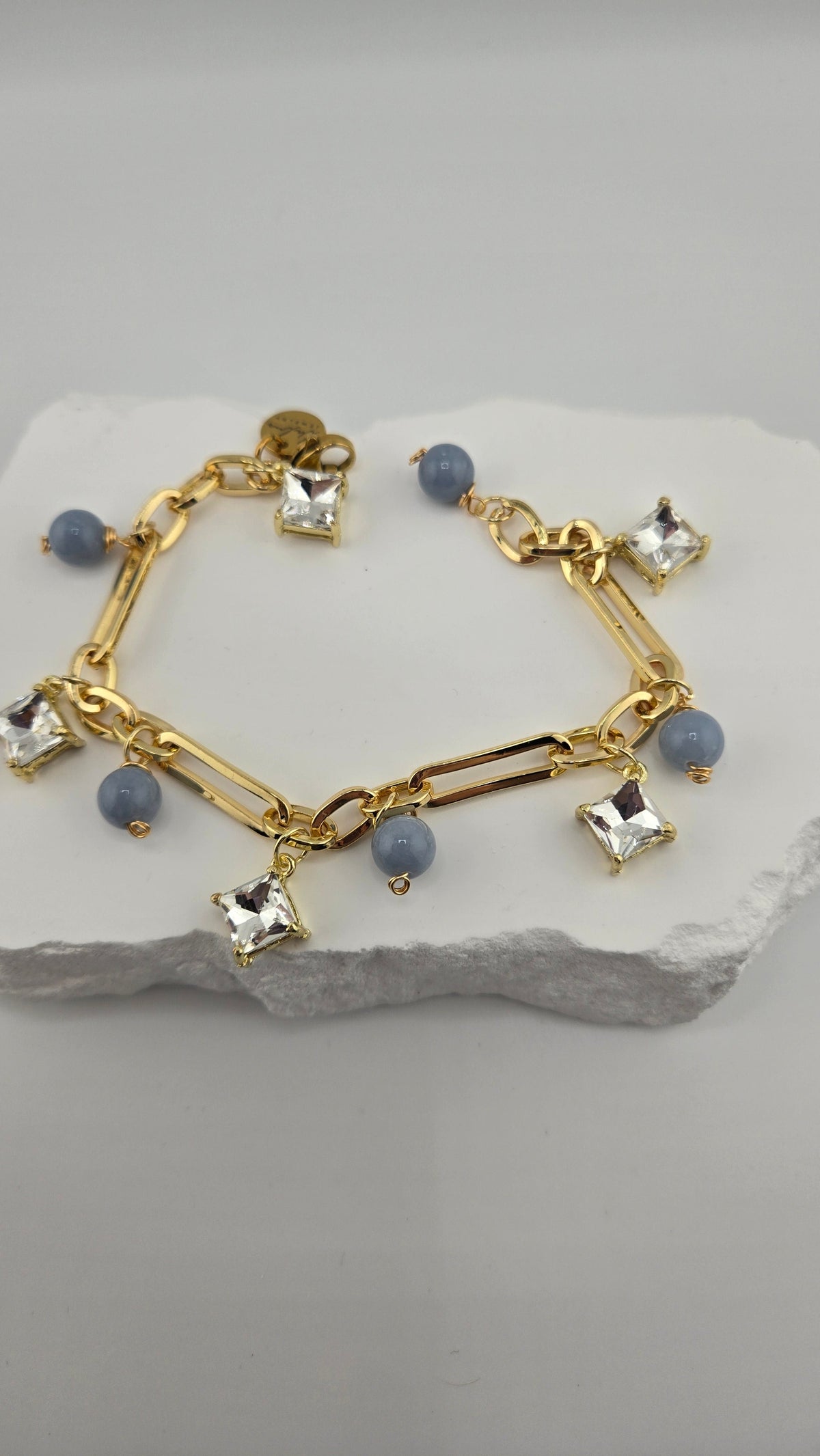 Heaven Blue Bracelet with sky-blue angelite beads, zircon accents and gold-plated details, view 2