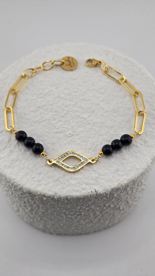 Obsidian Guardian Bracelet with black obsidian beads, evil eye centerpiece and gold-plated details, view 2