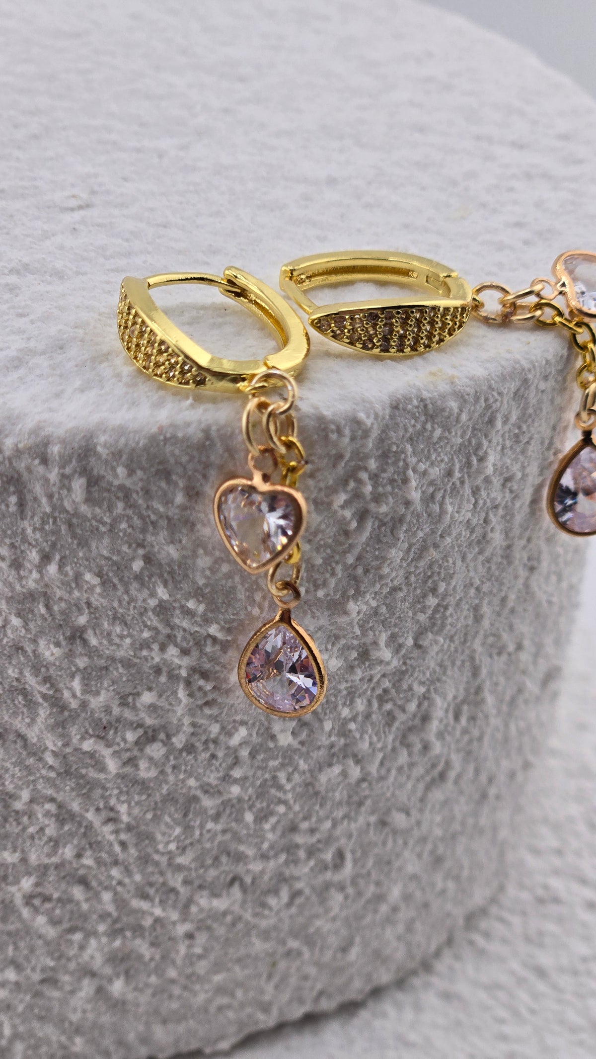Crystal Heart Drop Earrings with heart-shaped crystals and teardrop zircon charms, view 3