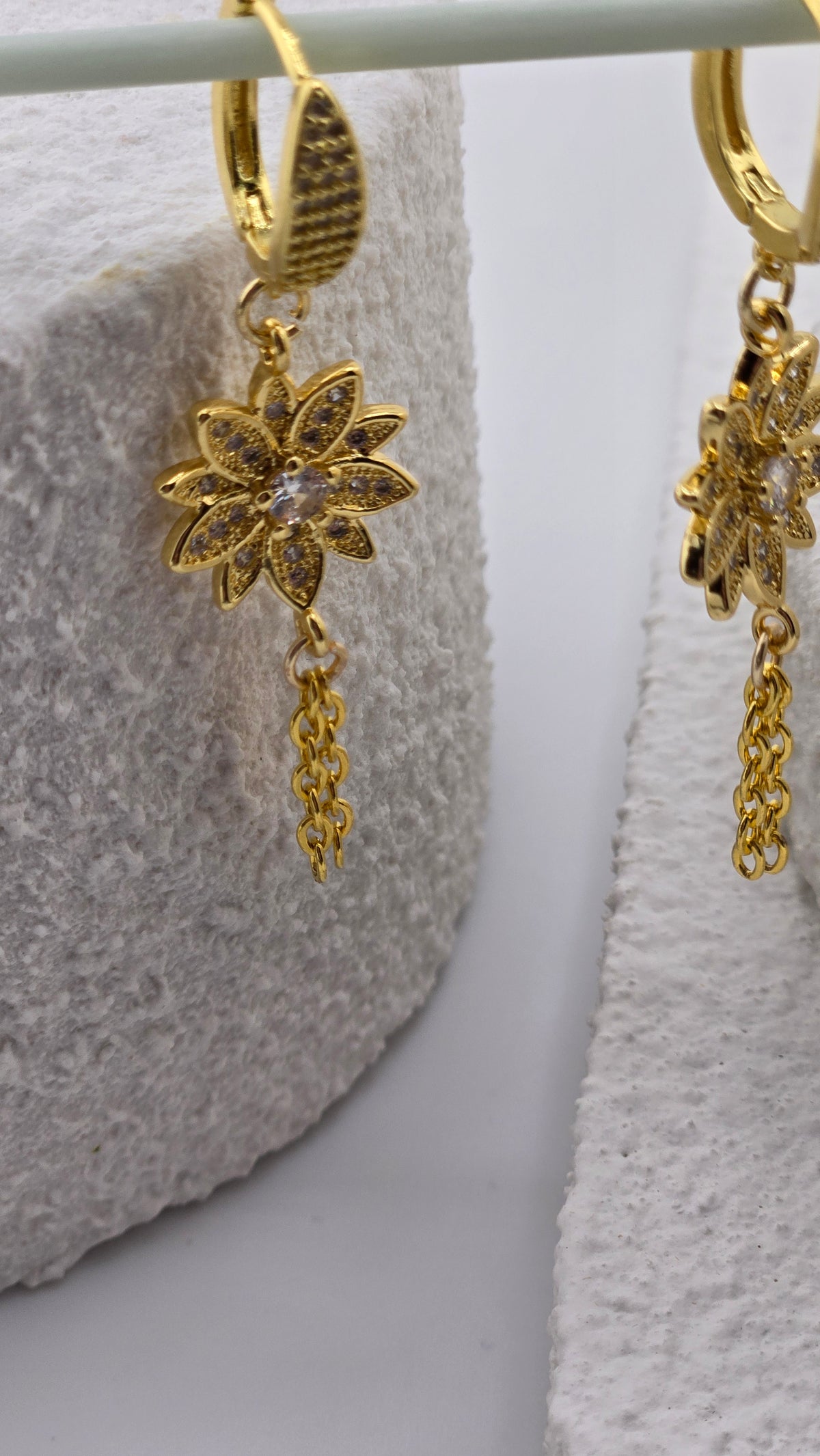 Sun Blossom Earrings with gold-tone flowers, zircon stones and cascading chains, view 3