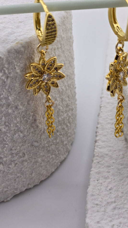 Sun Blossom Earrings with gold-tone flowers, zircon stones and cascading chains, view 2