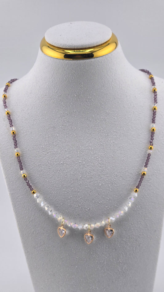 Lavender Love Necklace with lavender crystal beads and three heart-shaped zircon charms, view 2
