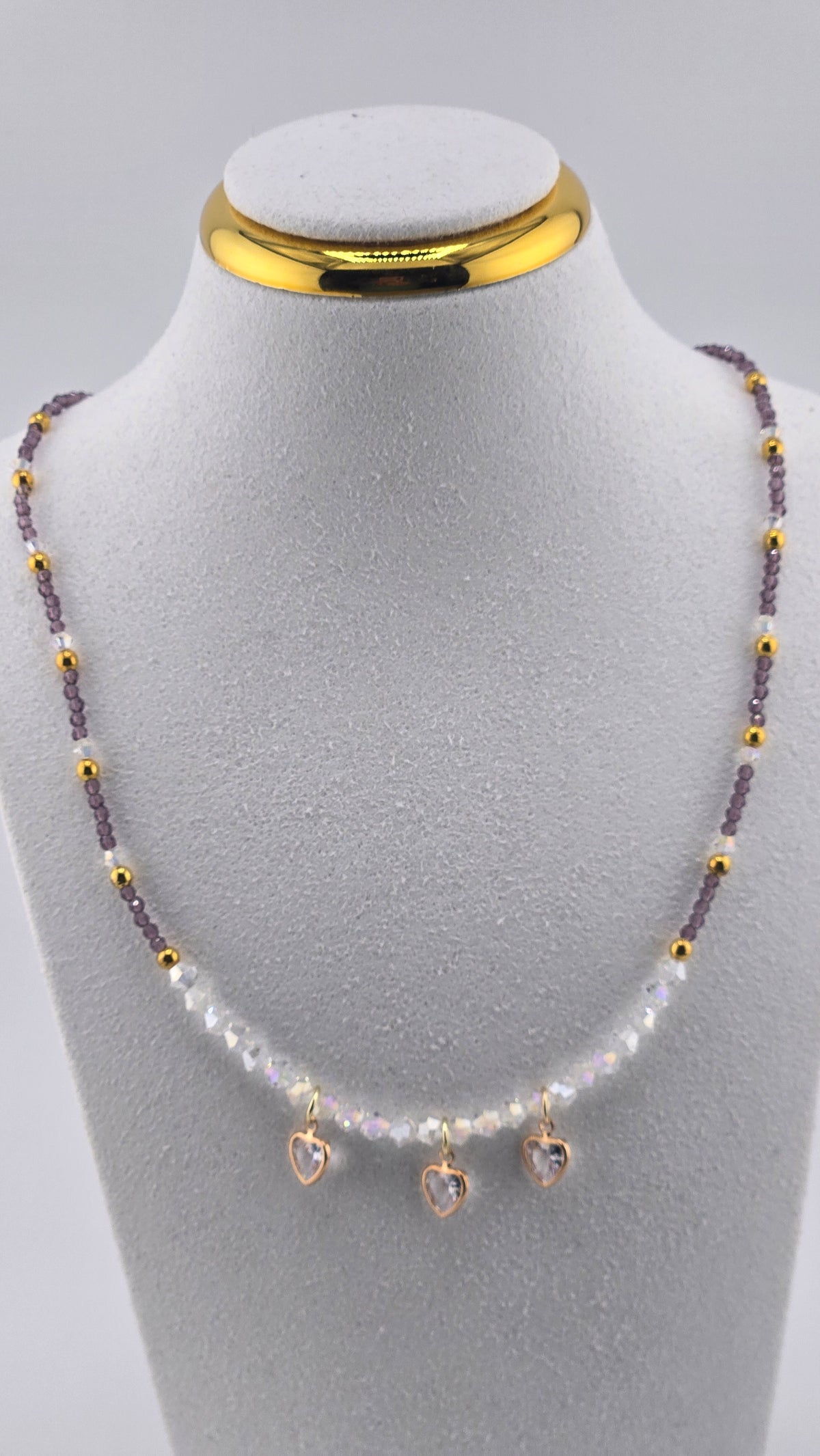 Lavender Love Necklace with lavender crystal beads and three heart-shaped zircon charms, view 2