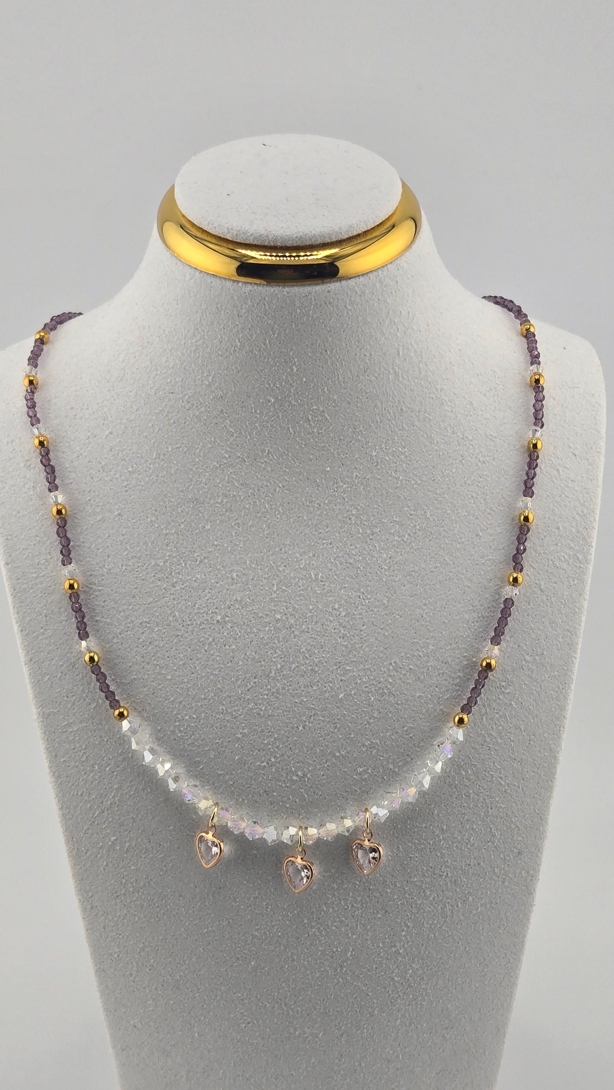 Lavender Love Necklace with lavender crystal beads and three heart-shaped zircon charms