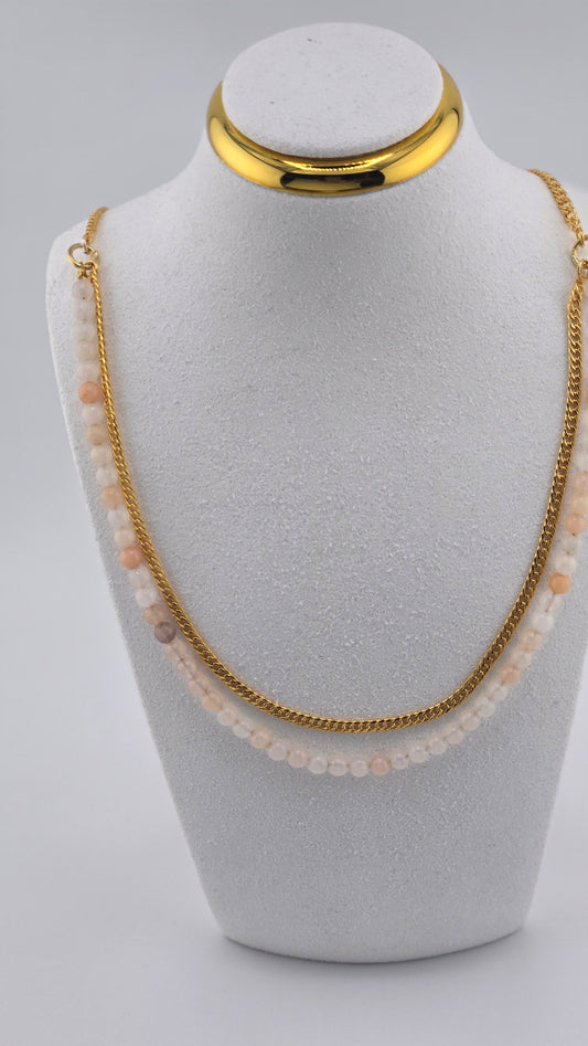 Elegant Harmony Necklace with iridescent opal gemstones on a gold-plated chain, view 2