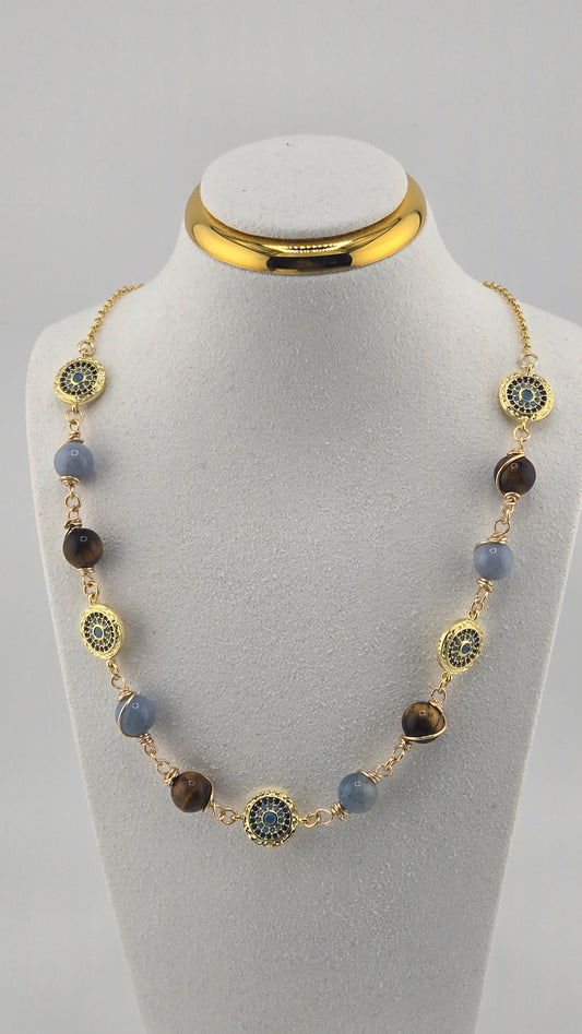 Angelite & Tiger Eye Necklace with brown and blue gemstones and evil eye charms, view 2