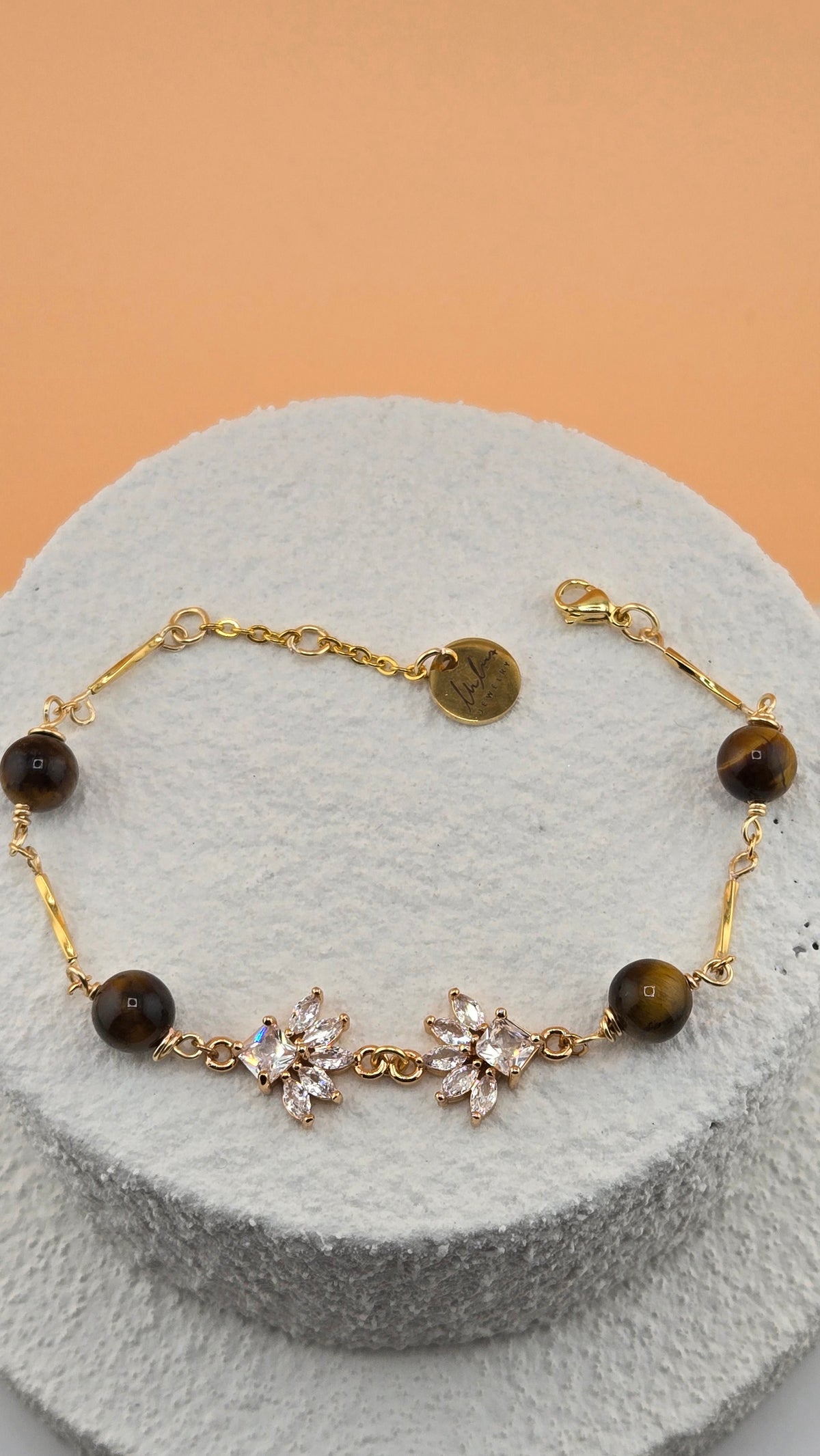 Earth & Crystal Bracelet with tiger eye beads and floral crystal details