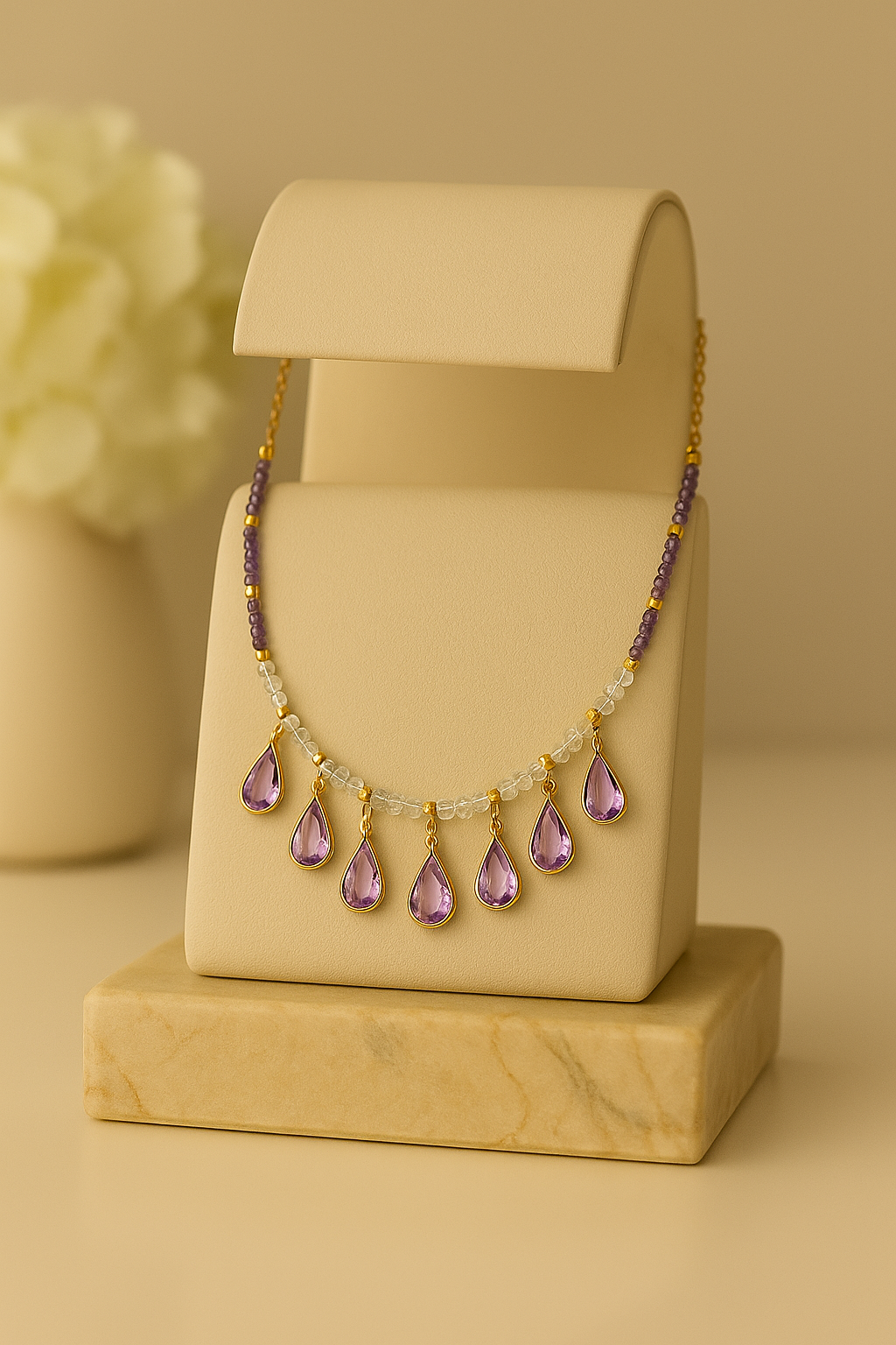 Lavender Drops Necklace with seven lavender teardrop drops on purple and clear beads