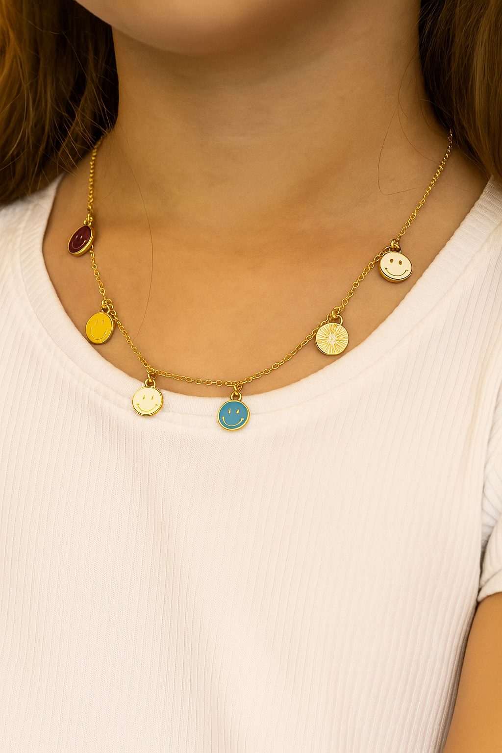 Happy Aura Necklace, gold-tone chain with multicolor enamel smiley-face charms