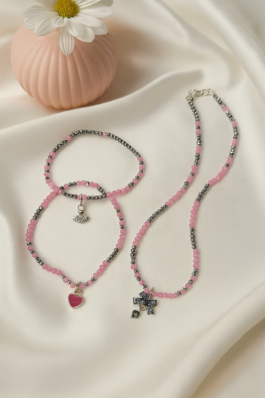 Pink Charm Duo Set necklace and bracelet with pink crystal beads and bow, heart and moon charms, view 2