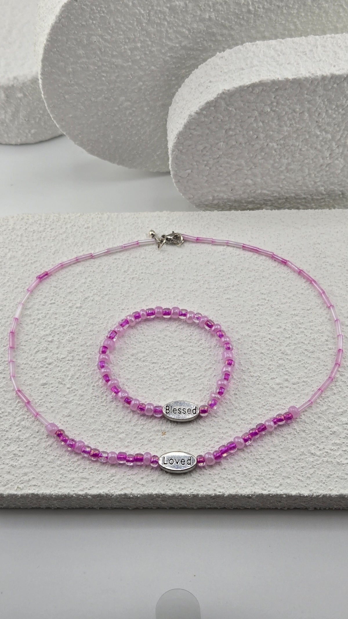 Blessed & Loved Set, pink beaded necklace with a Loved bead and matching bracelet with a Blessed bead