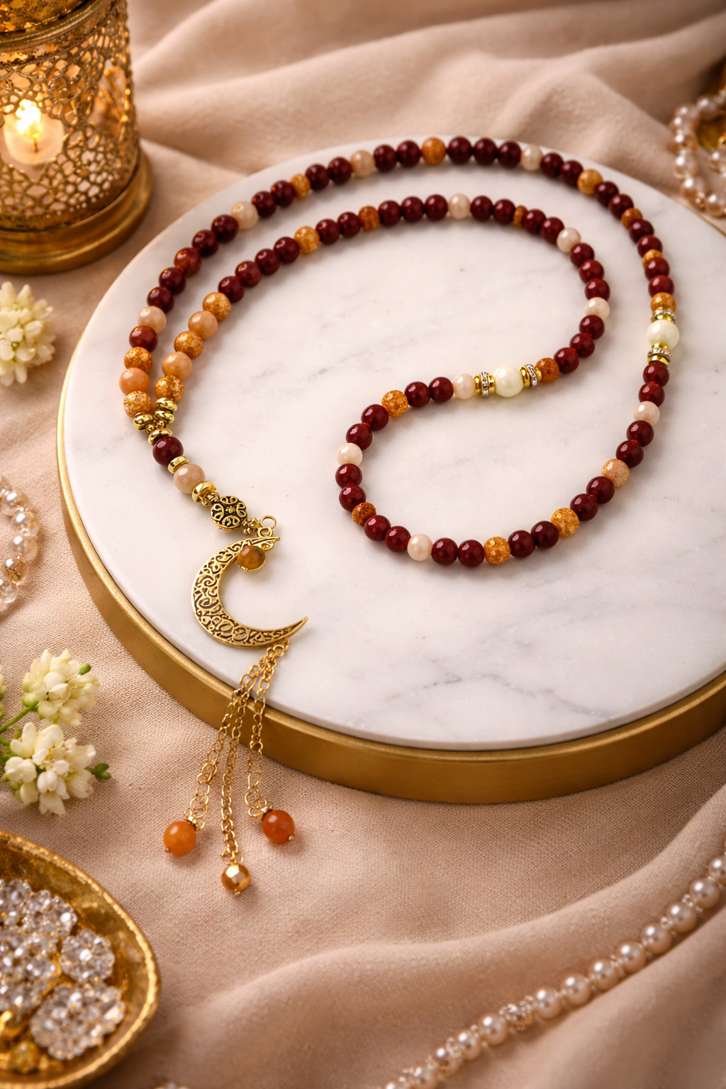 Golden Sunset Tasbih with red, orange and cream beads and a gold-tone crescent moon charm, view 6
