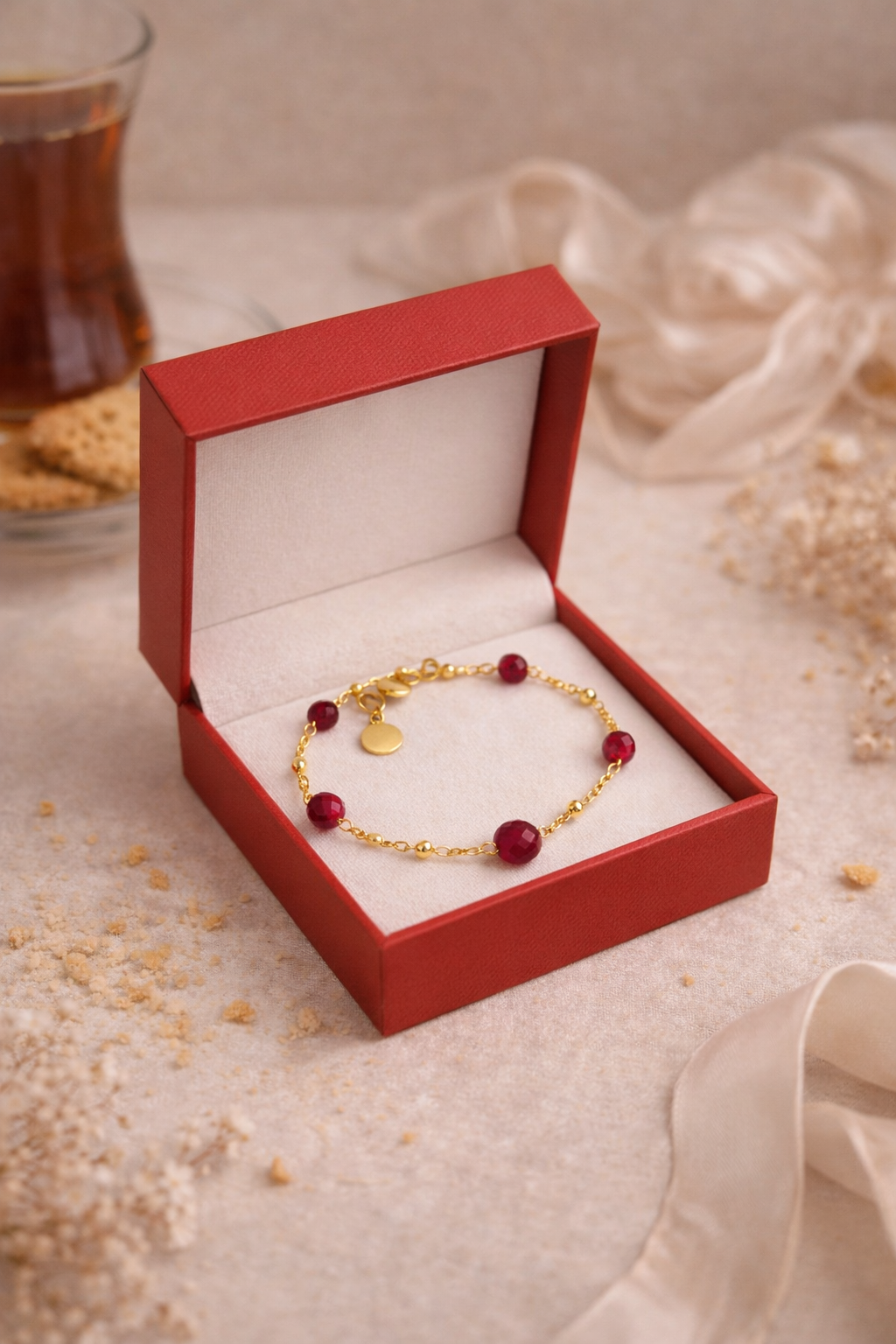 Ruby Chain Glow Bracelet with ruby-red crystal beads on a gold-tone chain, view 7