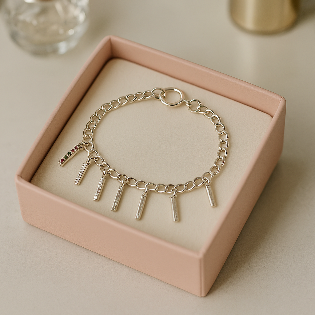 Chain Glow Silver-Tone Bracelet with oval links and dangling dark accents, view 3