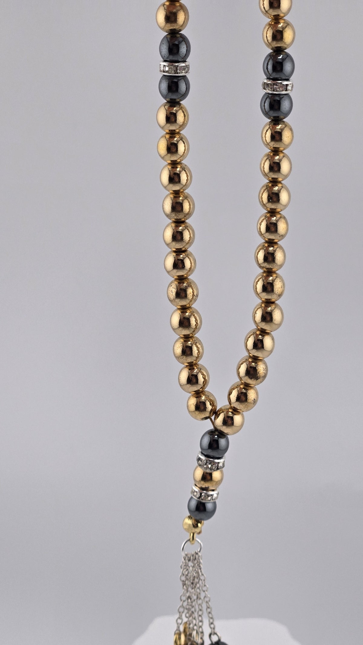 Close-up of hematite beads and crystal rondelle spacers