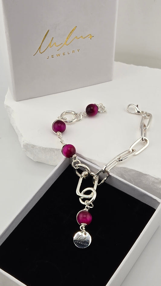 Orchid Wrap Tiger's Eye Bracelet with wire-wrapped fuchsia tiger's eye beads and silver-plated paperclip chain, view 2