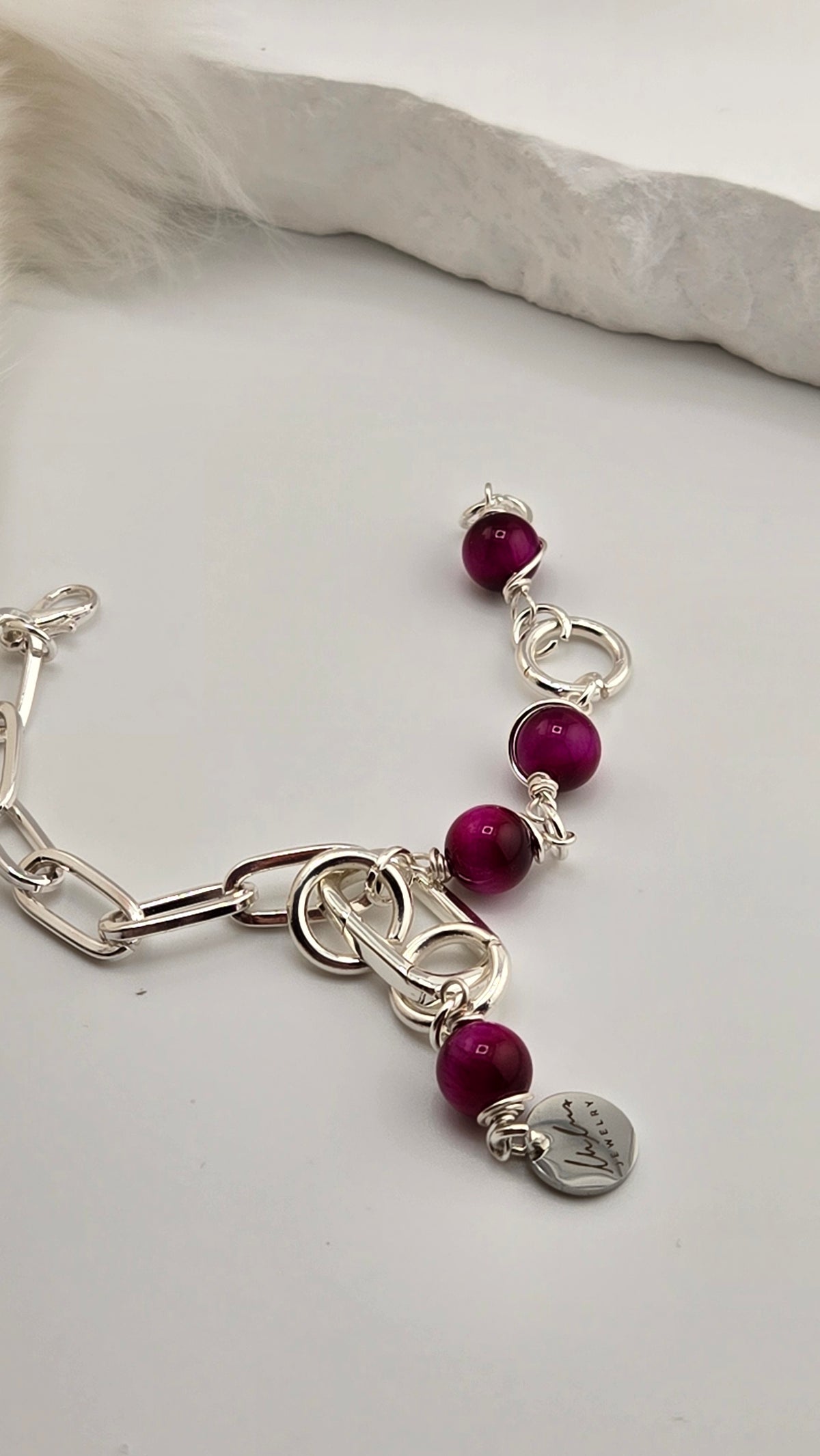Orchid Wrap Tiger's Eye Bracelet with wire-wrapped fuchsia tiger's eye beads and silver-plated paperclip chain, view 3