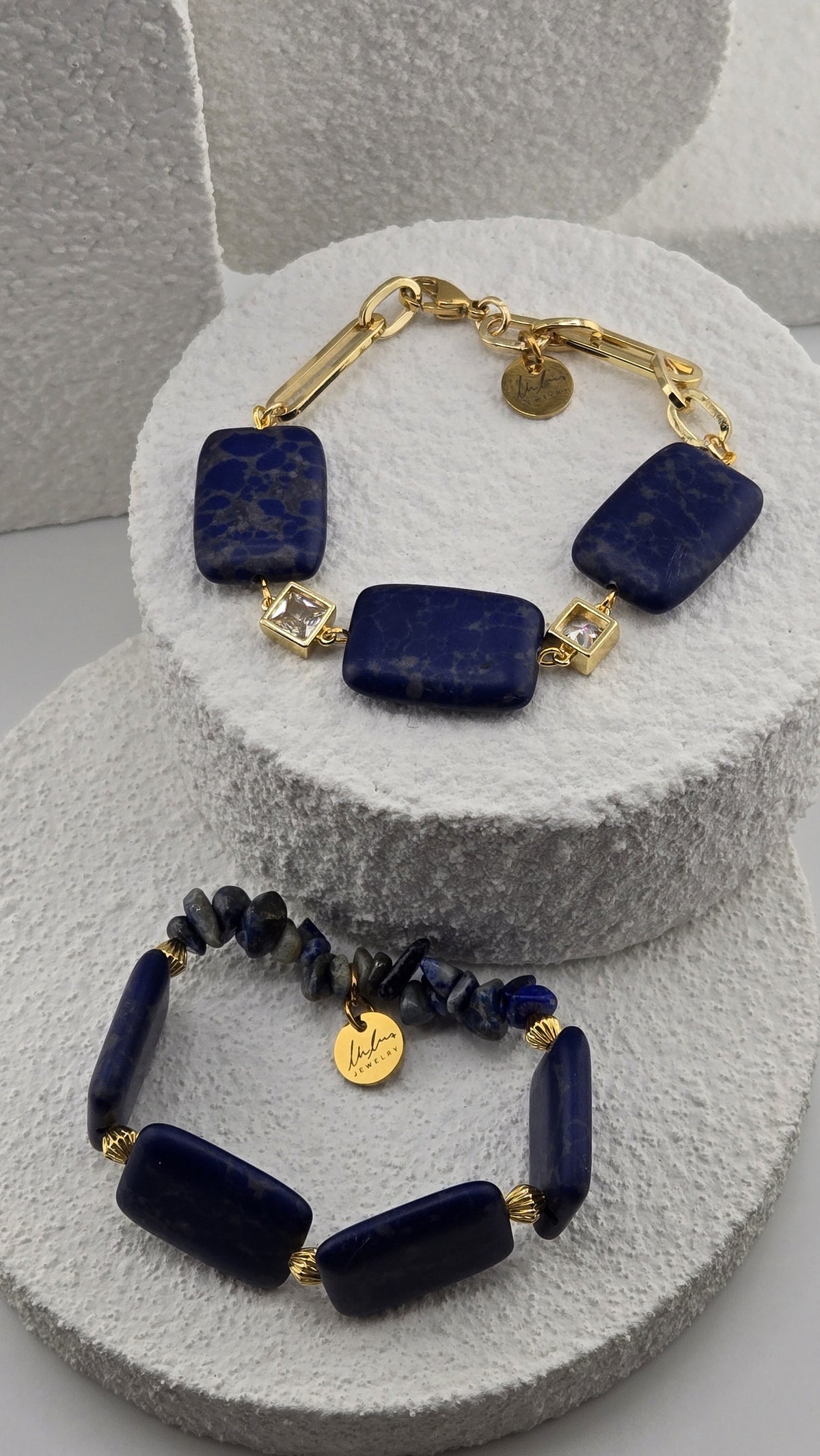 Ultramarine Link Bracelet shown with the Cobalt Tile Bracelet