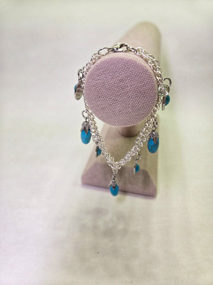 Turquoise Chime Bracelet with silver-tone double chain and turquoise oval and drop charms, view 2
