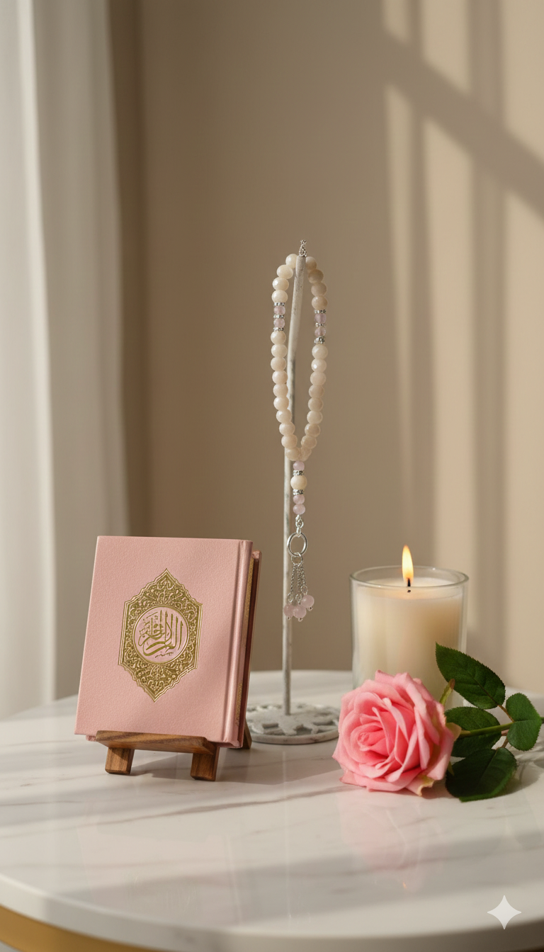 Side view of the Rose Light Tasbih emphasizing bead arrangement