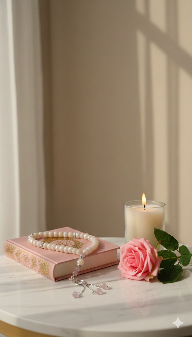 Close-up of fingers holding the Rose Light Tasbih during prayer