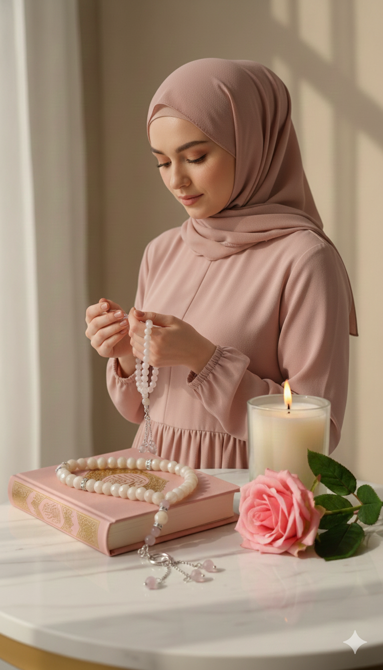 Hand holding the Rose Light Tasbih, showcasing its delicate design
