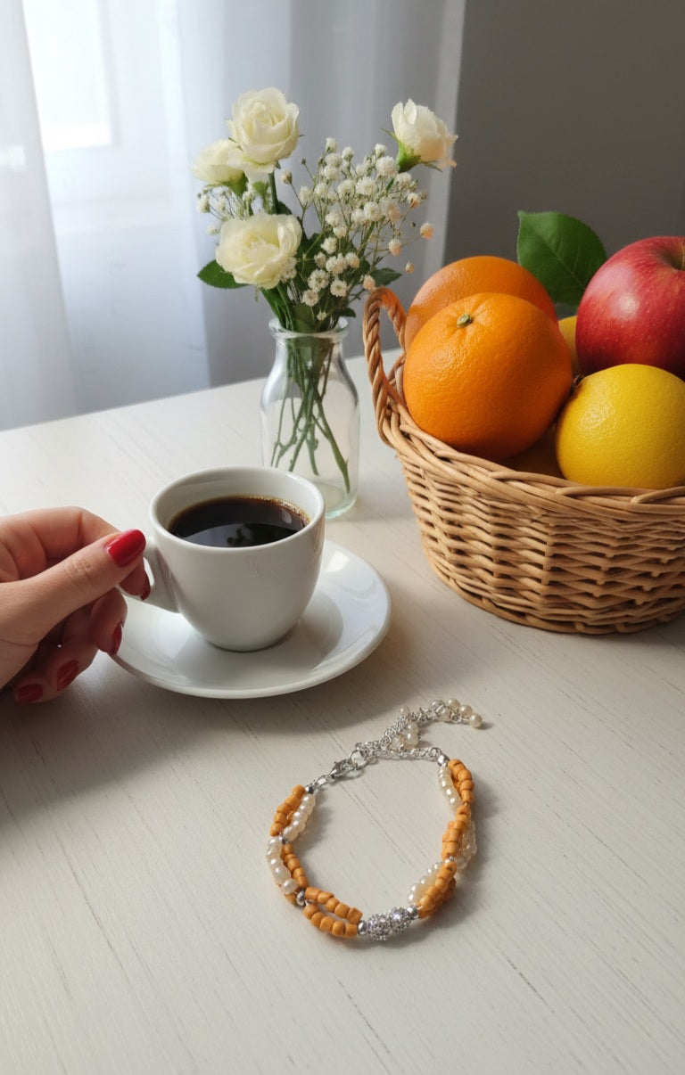 Artisan-crafted Coral Sun Bracelet, a unique piece from LuluTouch's handmade jewelry collection.