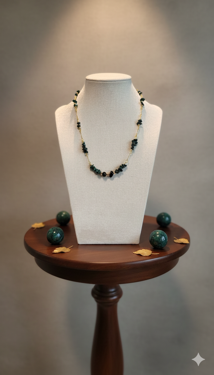 Green Harmony Necklace with dark green chip stones and black oval beads on gold-tone chain