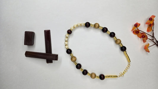 Necklace and Bracelet Set with dark, golden-brown and cream beads and gold-tone spacers, view 2