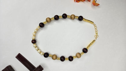 Necklace and Bracelet Set with dark, golden-brown and cream beads and gold-tone spacers, view 3