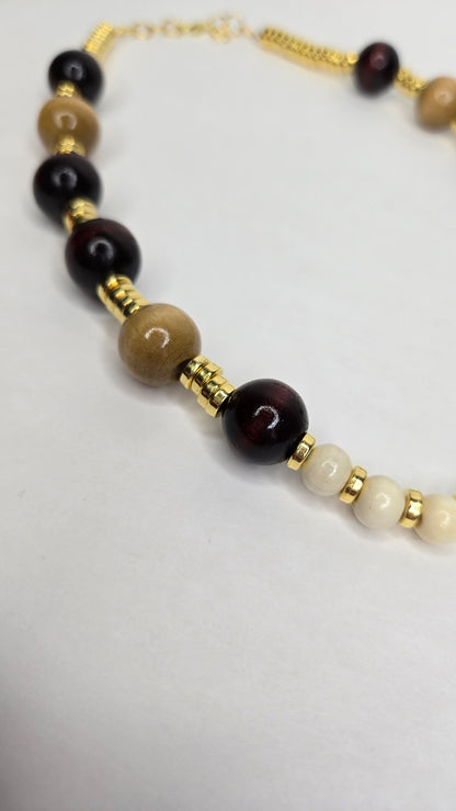 Necklace and Bracelet Set with dark, golden-brown and cream beads and gold-tone spacers, view 5